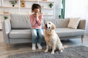 A woman sitting on a couch next to a dog; the woman is blowing her nose into a tissue.