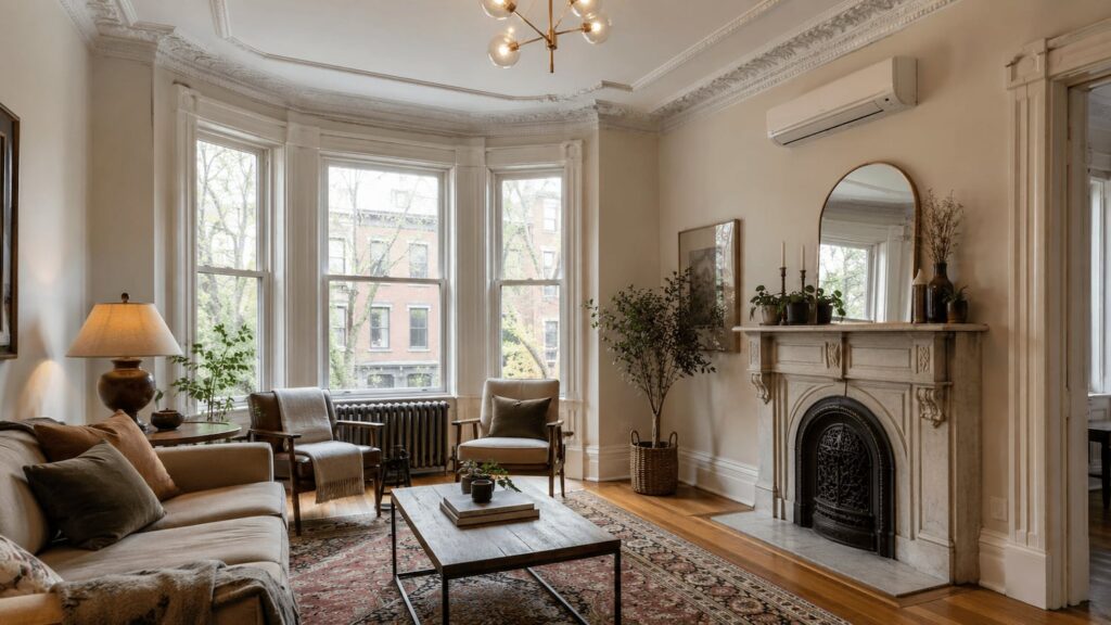 Ductless mini-split heat pump installed in a restored historic Victorian living room with original molding, hardwood floors, and period details.