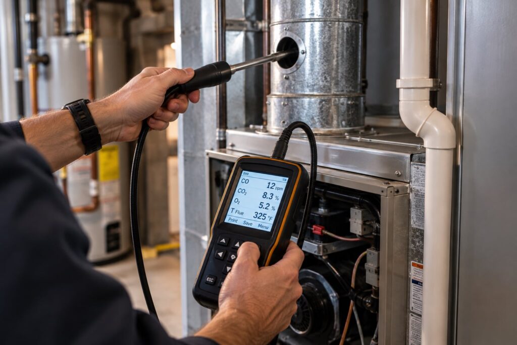 HVAC technician performing carbon monoxide and combustion testing on a residential furnace.